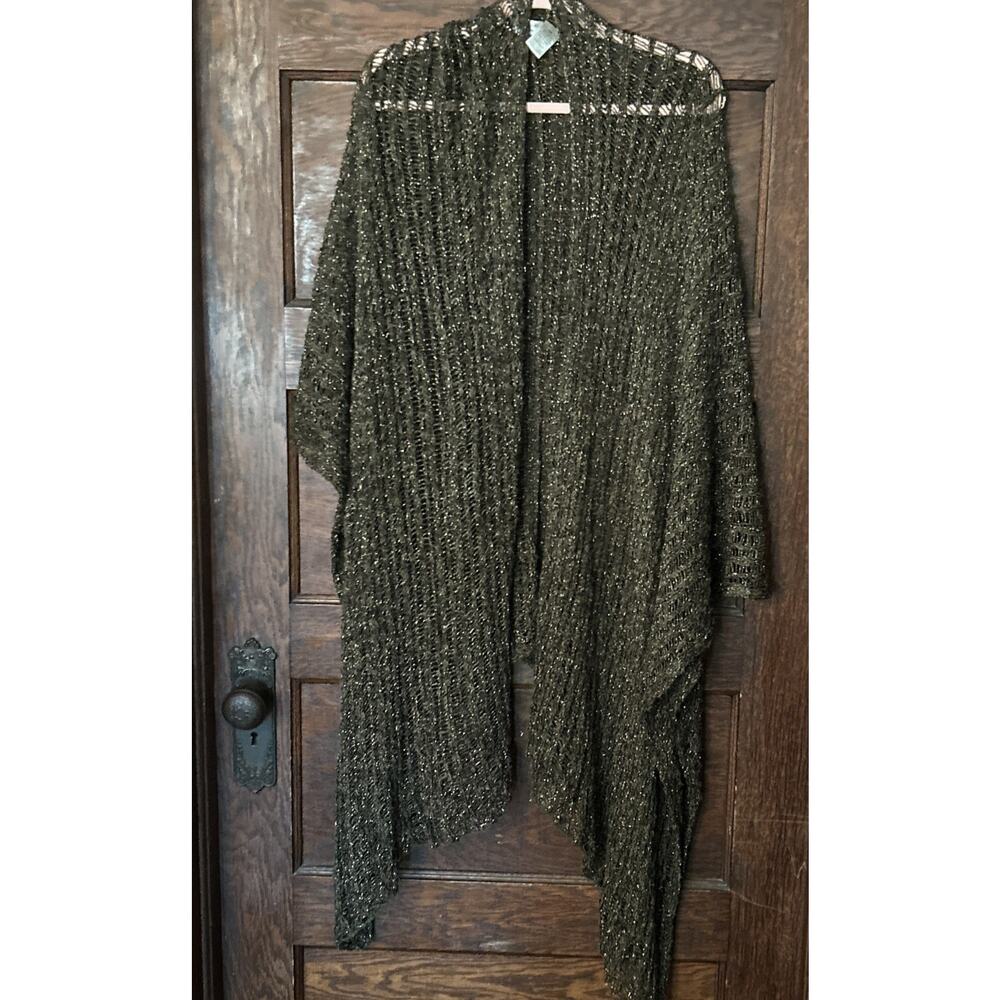 Laura Ashley Olive Green Gold Loose Knit Shawl Poncho Cardigan One Size